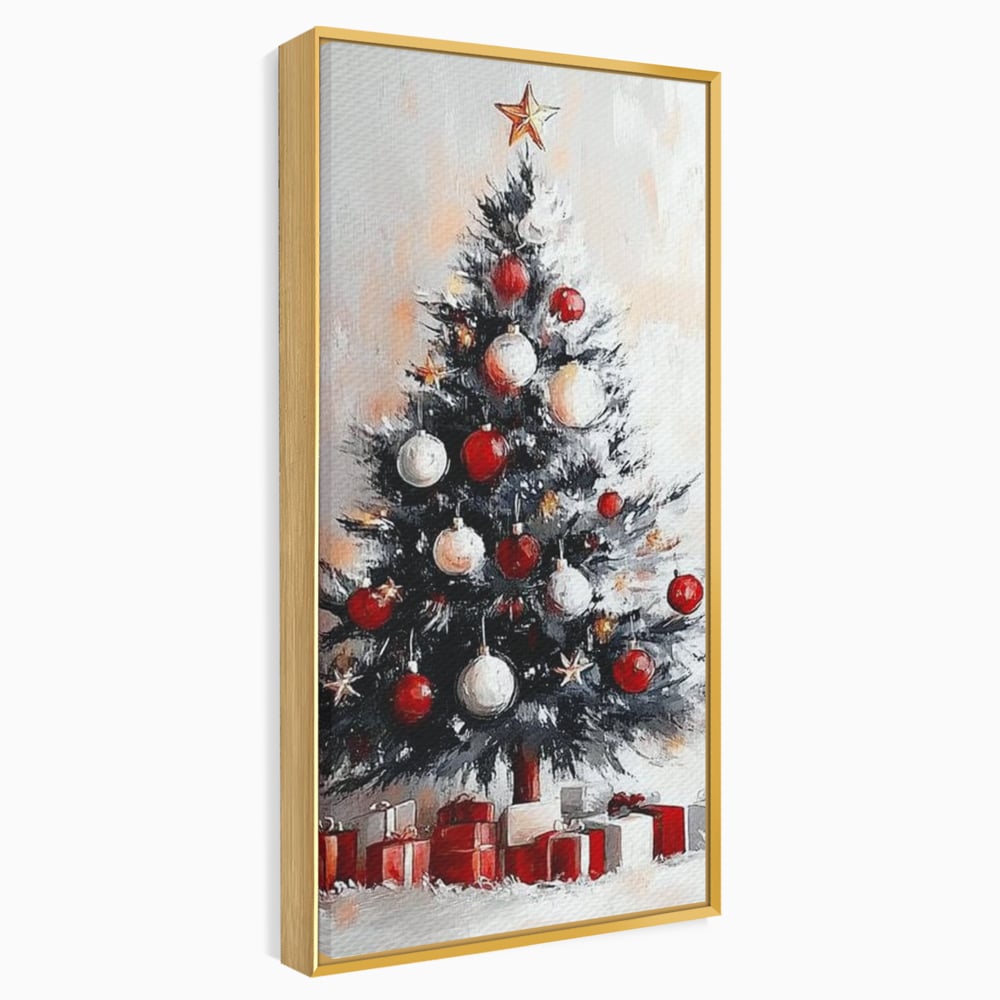 Tablou canvas cu tablou canvas cu brad de craciun pictat, in rama de aluminiu auriu